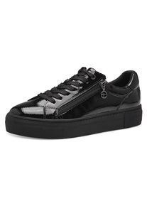 Plateausneaker Tamaris, Damen, Gr. 40, schwarz (schwarz lack), Lacklederimitat, gl&auml;nzend, unifarben, Schuhe Plateausneaker, Freizeitschuh, Halbschuh, Schn&uuml;rschuh mit T-Logoanh&auml;nger