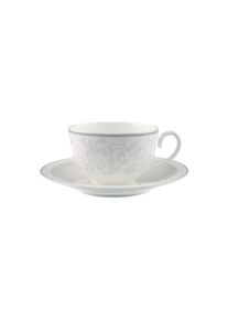 Villeroy & Boch Tasse VILLEROY & BOCH "Cappuccinotasse mit Untertasse Gray Pearl 310 ml wei&szlig;", wei&szlig;, B:18,5cm H:9,3cm &Oslash;:18,5cm, Porzellan, Trinkgef&auml;&szlig;e, Tasse, Sp&uuml;lmaschinengeeignet, Mikrowellengeeignet