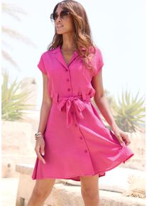 Hemdblusenkleid Lascana "aus leichter Webware mit Leinenanteil", Damen, Gr. 42, N-Gr, rosa (pink), Web, Obermaterial: 58% Viskose, 28% Baumwolle, 14% Leinen, unifarben, figurumspielend kurz, V-Ausschnitt, Kleider Hemdblusenkleid, Luftiges Sommerkleid, Webkleid, leichtes Strandkleid, Leinenkleid
