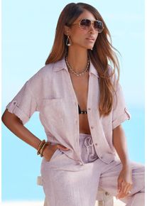 Kurzarmbluse Buffalo, Damen, Gr. 46, mauve meliert, Web, Obermaterial: 100% Polyester, meliert, figurumspielend taillenbedeckt, V-Ausschnitt, mit Riegel, Blusen Kurzarmbluse