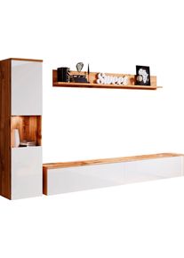 Wohnwand OTTO HOME "PARIS, Vitrine T&uuml;ranschlag links/rechts wechselbar", wei&szlig; (eichefarben wotan, wei&szlig; hochglanz), B:220cm H:130cm T:33cm, Kastenm&ouml;bel-Sets, Wohnwand, grifflose Design, stehend und h&auml;ngend montierbar