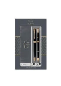 Parker Sonnet Duo-Geschenkset mit Kugelschreiber und F&uuml;ller (Feder aus 18 Karat Gold) | Hochgl&auml;nzend Schwarz mit Goldzierteilen | Nachf&uuml;llmine und -patronen mit schwarzer Tinte