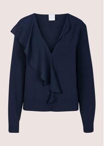 Madeleine Mode Langarmbluse MADELEINE "Hemdbluse Volantbluse mit R&uuml;schendetails", Damen, Gr. 38, blau (marine), Obermaterial: 100% Polyester PES., Modern, figurumspielend, V-Ausschnitt, Blusen Langarmbluse, Bluse mit einseitiger R&uuml;sche am V-Ausschnitt