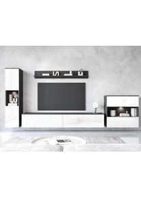 Wohnwand OTTO HOME "PARIS, Vitrine T&uuml;ranschlag links/rechts wechselbar", schwarz-wei&szlig; (matera anthrazit, wei&szlig; hochglanz), B:300cm H:130cm T:33cm, Hartfaserplatte, Kastenm&ouml;bel-Sets, Wohnwand, grifflose Design, stehend und h&auml;ngend montierbar