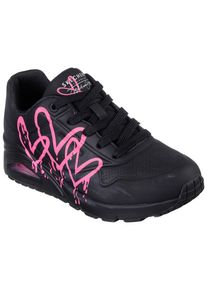 Sneaker Skechers "UNO DRIPPING IN LOVE", Damen, Gr. 36, schwarz (schwarz, kombiniert), Lederimitat, Schuhe Sneaker, mit Herzen-Graffity-Print, Freizeitschuh, Halbschuh, Schn&uuml;rschuh