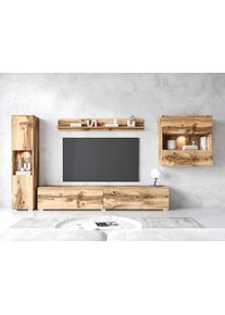 Wohnwand OTTO HOME "PARIS, Vitrine T&uuml;ranschlag links/rechts wechselbar", braun (eichefarbe votan), B:300cm H:130cm T:33cm, Hartfaserplatte, Kastenm&ouml;bel-Sets, Wohnwand, grifflose Design, stehend und h&auml;ngend montierbar