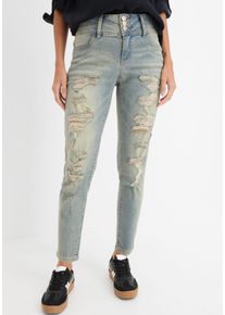 Skinny-fit-Jeans bonprix "Skinny Jeans High Waist, Stretch", Damen, Gr. 42, K-Gr, blau (hellblau denim heavy washed (kurz)), Denim/Jeans, Obermaterial: 76% Baumwolle, 16% Polyester, 7% Viskose, 1% Elasthan, Abriebeffekte, Destroyed-Effekte, skinny fit kn&ouml;chelfrei, Jeans Skinny-fit-Jeans, Skinny-fit, mit breitem High Waist Bund, coole Destroyed Effekte