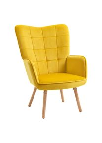 Modern Accent Chair HOMCOM Velvet-Touch Tufted Wingback Armchair Upholstered Leisure Lounge Sofa Club Chair with Wood Legs, Yellow | Aosom Ireland