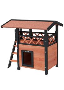 PawHut Cat House Outdoor w/ Balcony Stairs Roof, 77 x 50 x 73 cm, Brown | Aosom Ireland
