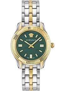 Quarzuhr Versace "GRECA TIME LADY 35 mm", gold (silberfarben, goldfarben, gr&uuml;n), Armbanduhren, Damen, Quarzuhr, Armbanduhr, Damenuhr, Saphirglas, Swiss Made, bicolor, Leuchtzeiger