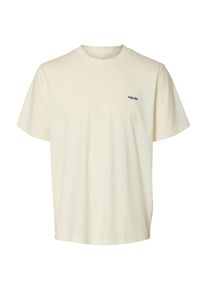 Rundhalsshirt Selected "SLHAUBREY EMB SS O-NECK TEE D", Herren, Gr. XL, beige (egret), Jersey, Obermaterial: 100% Baumwolle, bedruckt, regular fit normal, Rundhals, Shirts Rundhalsshirt