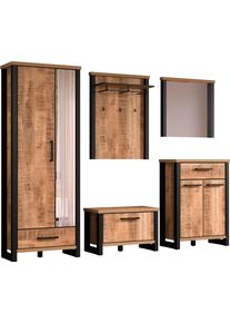 Garderoben-Set Home Affaire "Elda", mango, schwarz, B:249cm H:195cm T:39cm, Floatglas, Holzwerkstoff, MDF, Metall, Kastenm&ouml;bel-Sets, Garderoben-Set, Garderoben-Set: Schrank, Sitzbank, Paneel, Wandspiegel & Kommode