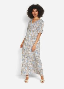Umstandskleid bonprix, Damen, Gr. 48/50 (XL), N-Gr, nebelblau gebl&uuml;mt, Jersey, Obermaterial: 95% Viskose, 5% Elasthan, bedruckt, gebl&uuml;mt, bequem lang, V-Ausschnitt, mit Gummizug, Kleider Umstandskleid, mit Still-Funktion, aus Viskose-Stretch, 1/2 Arm, kn&ouml;chellang