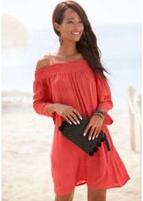 Strandkleid s.Oliver, Damen, Gr. 40, N-Gr, orange (koralle), Cr&ecirc;pe, Obermaterial: 100% Viskose, unifarben, figurumspielend kurz, Carmenausschnitt, Kleider Strandkleid, aus gewebter Viskose, kurzes Tunikakleid, Sommerkleid, schuterfrei