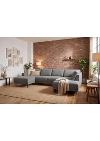 Wohnlandschaft Home Affaire "Sveeva, U-Form, XXL, B.310 cm, schwarze Metallf&uuml;&szlig;e", taupe, B:310cm H:78cm T:197cm, 100% PES, Sofas, Wohnlandschaft, langlebiger Webstoff, mit Wellenunterfederung, viele Farben