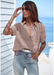 Beach Time Kurzarmbluse BEACHTIME, Damen, Gr. 46, taupe, Web, Obermaterial: 100% Baumwolle, unifarben, figurumspielend h&uuml;ftlang, Rundhals, Blusen Kurzarmbluse, aus Musselin, Hemdbluse, Oversize