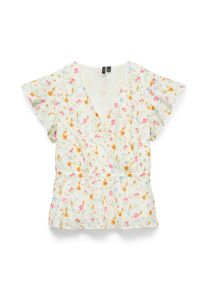 V&eacute;ro Moda R&uuml;schenbluse VERO MODA "VMSIV IVANA CS TOP WVN", Damen, Gr. XS, bunt (snow wei&szlig; aop:ivana), Web, Obermaterial: 100% Baumwolle, bedruckt, normal, V-Ausschnitt, Blusen R&uuml;schenbluse, Baumwolle