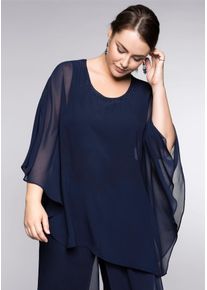 Longbluse sheego, Damen, Gr. 44, blau (marine), 100% Polyester, unifarben, Rundhals, Blusen Longbluse
