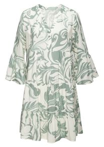 Tunikakleid Vivance "im sommerlichen Boho-Stil mit Volant", Damen, Gr. 44, N-Gr, creme, salbeigr&uuml;n bedruckt, Web, Obermaterial: 100% Viskose, bedruckt, figurumspielend ca. Mitte Oberschenkel, V-Ausschnitt, Volant, Kleider Tunikakleid, luftiges Sommerkleid mit 3/4 &Auml;rmeln aus Viskose-Webware