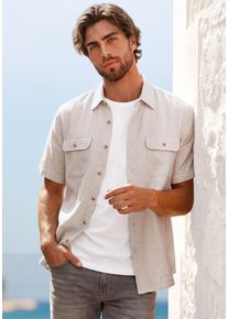 Kurzarmhemd John Devin "Leinen-Mix", Herren, Gr. L, N-Gr, beige, Web, Obermaterial: 70% Viskose (LENZING&trade; ECOVERO&trade;), 30% Leinen, regular fit normal, Rundhals, abgesteppte Kante, Hemden Kurzarmhemd