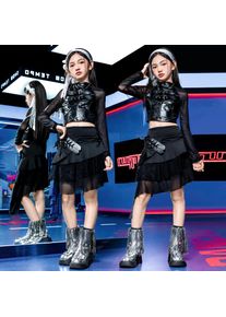 High Fashion Kids Girl Hip Hop Costume Outfit Leather Patchwork Skirt And Top 2 Piece Clothing Set Children Stage Clothes Outfit