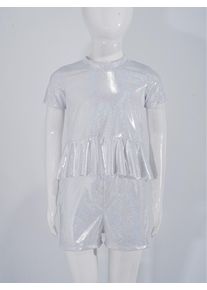 Children's Dance Outfit Short Sleeve Peplum Top + Shorts Suits Clothes Sets Kids Girls 2pcs Metallic Disco Cheerleading Costume
