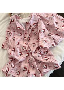 2025Pink Hello Kitty Pajama Set Anime Cartoon Striped Short Sleeve Shirt Pants Set Girls Summer Home Furnishings Holiday Gift