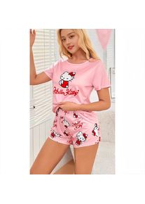 Hellokitty Women's Short Sleeve Pajama Set - Cartoon Graphic Spring/fall Homewear Cozy Pink Sleepwear & Loungewear Lightweight