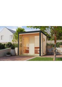 Saunahaus Karibu "Anja 2", braun (naturbelassen, anthrazit), Bio-Ofen, externe Steuerung, 9 kW, Saunen, Saunahaus, Ofen 9 KW externe Strg easy