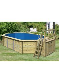 Achteckpool Karibu "PALMA Set B BxLxH: 358x569x124 cm mit Sonnendeck", braun, B:358cm H:124cm L:569cm &Oslash;:569cm, Schwimmbecken, Achteckpool, 38 mm starkes kesseldruckimpr&auml;gniertes Fichtenholz