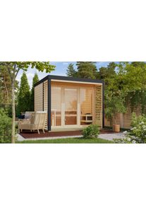 Saunahaus Karibu "Anja 3", braun (naturbelassen, anthrazit), Bio-Ofen, externe Steuerung, 9 kW, Saunen, Saunahaus
