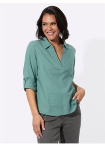 Flanellbluse Casual Looks, Damen, Gr. 46, jade, 100% Baumwolle, unifarben, V-Ausschnitt, Blusen Flanellbluse