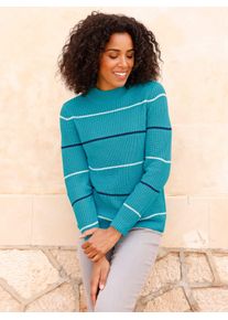 Stehkragenpullover Classic Basics "Stehkragen-Pullover", Damen, Gr. 54, t&uuml;rkis, petrol, geringelt, 100% Polyacryl, gemustert, gestreift, mehrfarbig, Pullover Stehkragenpullover