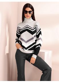 Strickpullover Heine "Pullover", Damen, Gr. 44, hellgrau, schwarz, gemustert, 70% Viskose, 15% Polyamid, 13% Polyester, 2% metallisierte Fasern, gemustert, mehrfarbig, Pullover Strickpullover