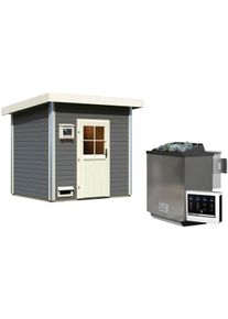 Saunahaus Karibu "Ralf", grau (terragrau), Bio-Ofen, externe Steuerung, 9 kW, Saunen, Saunahaus, Ofen 9 kW Bio externe Strg easy