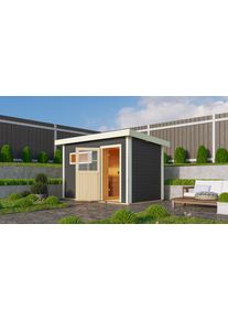 Saunahaus Karibu "&raquo;Simon 1&laquo; mit klassischer T&uuml;r, terragrau", grau (terragrau), Saunaofen, externe Steuerung, (ohne Ofen), Saunen, Saunahaus, 9 kW Bio Ofen mit externer Steuerung easy