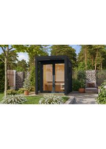 Saunahaus Karibu "Anja 1", grau (anthrazit), Saunaofen, externe Steuerung, 9 kW, Saunen, Saunahaus