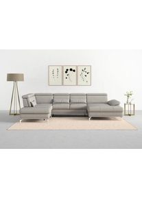 Sit & More Wohnlandschaft SIT & MORE "Cabrio U-Form, B: 359 cm, mit Sitztiefen-, Arm- & Kopfteilverstellung", grau (hellgrau), B:359cm H:87cm T:230cm, Sofas, Wohnlandschaft, 3 Nierenkissen, Federkern, optional Bettfunktion und Stauraum