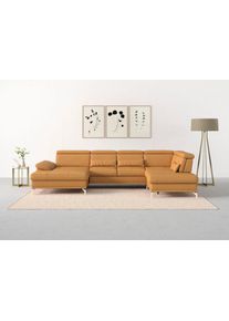 Sit & More Wohnlandschaft SIT & MORE "Cabrio U-Form, B: 359 cm, mit Sitztiefen-, Arm- & Kopfteilverstellung", gelb (curry), B:359cm H:87cm T:230cm, Sofas, Wohnlandschaft, 3 Nierenkissen, Federkern, optional Bettfunktion und Stauraum