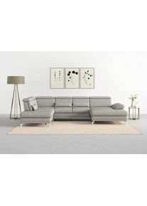 Sit & More Wohnlandschaft SIT & MORE "Cabrio U-Form, B: 359 cm, mit Sitztiefen-, Arm- & Kopfteilverstellung", grau (hellgrau), B:359cm H:87cm T:230cm, Sofas, Wohnlandschaft, 3 Nierenkissen, Federkern, optional Bettfunktion und Stauraum