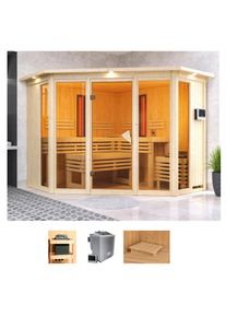 Sauna Karibu "Adele", beige (naturbelassen), Bio-Kombiofen, externe Steuerung, 9 kW, Saunen, Sauna, Ofen 9 kW Bio externe Strg easy