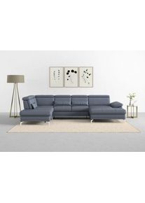 Sit & More Wohnlandschaft SIT & MORE "Cabrio U-Form, B: 359 cm, mit Sitztiefen-, Arm- & Kopfteilverstellung", blau (graublau), B:359cm H:87cm T:230cm, Sofas, Wohnlandschaft, 3 Nierenkissen, Federkern, optional Bettfunktion und Stauraum