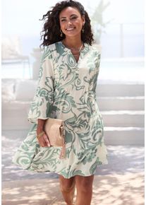 Tunikakleid Vivance "im sommerlichen Boho-Stil mit Volant", Damen, Gr. 44, N-Gr, creme, salbeigr&uuml;n bedruckt, Web, Obermaterial: 100% Viskose, bedruckt, figurumspielend ca. Mitte Oberschenkel, V-Ausschnitt, Volant, Kleider Tunikakleid, luftiges Sommerkleid mit 3/4 &Auml;rmeln aus Viskose-Webware