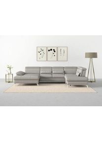 Sit & More Wohnlandschaft SIT & MORE "Cabrio U-Form, B: 359 cm, mit Sitztiefen-, Arm- & Kopfteilverstellung", grau (hellgrau), B:359cm H:87cm T:230cm, Sofas, Wohnlandschaft, 3 Nierenkissen, Federkern, optional Bettfunktion und Stauraum