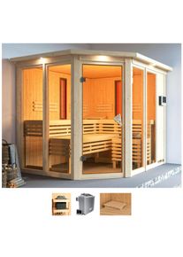 Sauna Karibu "Avril", beige (naturbelassen), Bio-Kombiofen, externe Steuerung, 9 kW, Saunen, Sauna, Ofen 9 kW Bio externe Strg easy