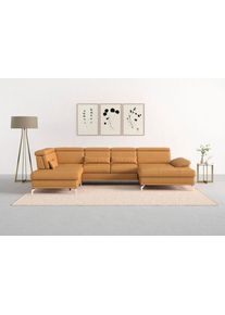 Sit & More Wohnlandschaft SIT & MORE "Cabrio U-Form, B: 359 cm, mit Sitztiefen-, Arm- & Kopfteilverstellung", gelb (curry), B:359cm H:87cm T:230cm, Sofas, Wohnlandschaft, 3 Nierenkissen, Federkern, optional Bettfunktion und Stauraum
