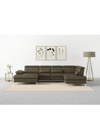 Sit & More Wohnlandschaft SIT & MORE "Cabrio U-Form, B: 359 cm, mit Sitztiefen-, Arm- & Kopfteilverstellung", gr&uuml;n (olive), B:359cm H:87cm T:230cm, Sofas, Wohnlandschaft, 3 Nierenkissen, Federkern, optional Bettfunktion und Stauraum
