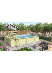 Rechteckpool Karibu "Roma A BxLxH: 582x353x124cm, mit Sonnendeck", braun, B:582cm H:124cm L:353cm, Schwimmbecken, Rechteckpool, 44 mm kesseldruckimpr&auml;gniertes Fichtenholz