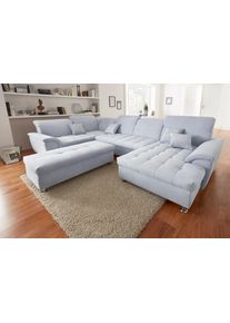 Wohnlandschaft DOMO collection "FRANZI 344x206x81 cm, elegant, komfortabel", blau (pastelblau), Sofas, B/H/T: 344cm x 81cm x 206cm, Chenille, Recamiere rechts, ohne Funktion, Flachgewebe (100% Polyester);Chenille (100% Polyester), Wohnlandschaft, U-Form, Recamiere rechts, pastelblau, B/T: 344/206 cm, B:344cm H:81cm T:206cm