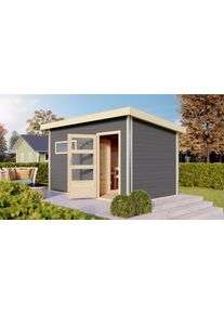 Saunahaus Karibu "&raquo;Simon 3&laquo; mit moderner T&uuml;r, terragrau", grau (terragrau), ohne Ofen, ohne Steuerung, (ohne Ofen), Saunen, Saunahaus, Mit 9 kW Ofen Bio externe Steuerung easy